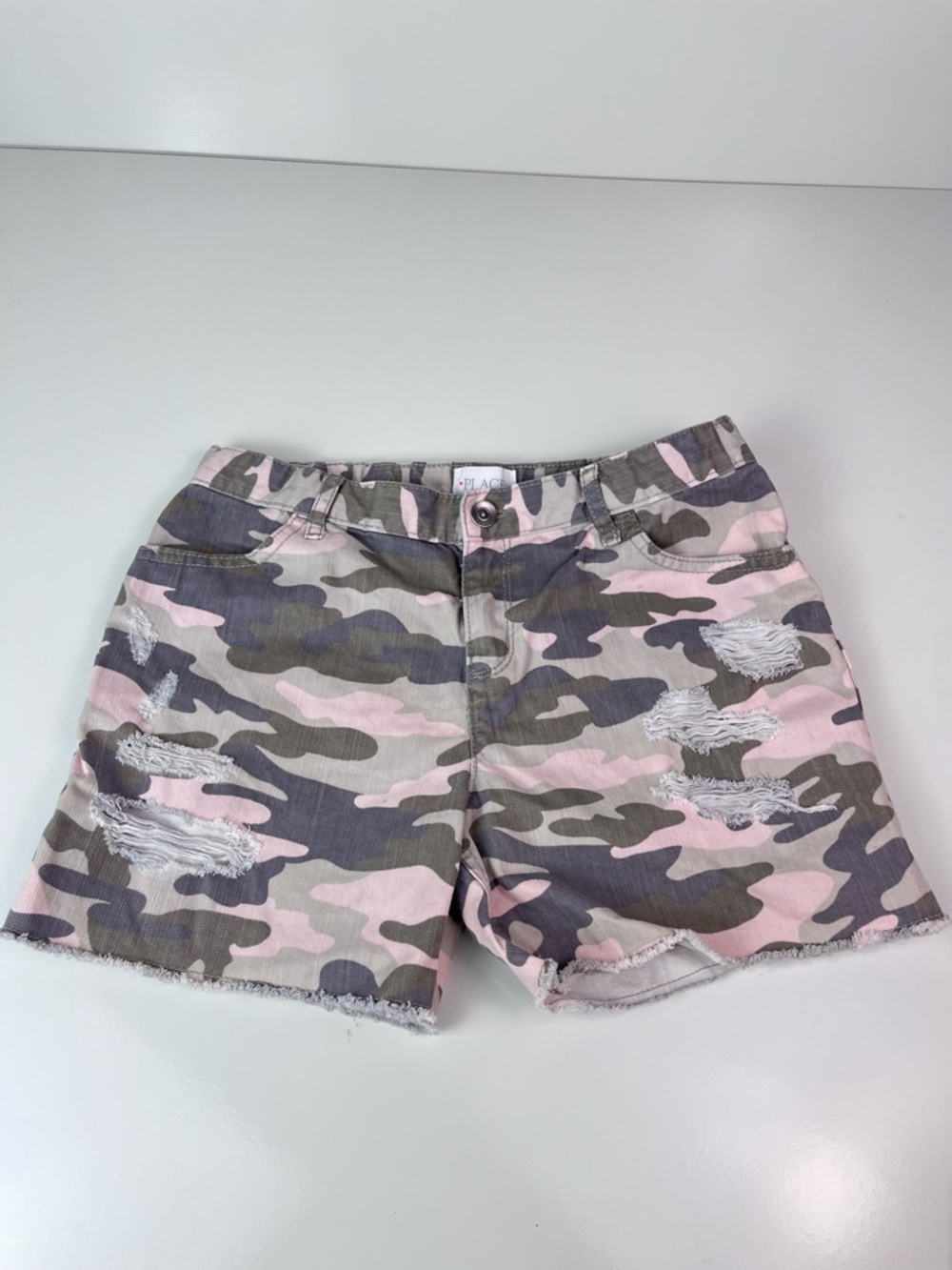 Children’s Girls Place Camouflage Camo Distressed Jeans Shorts Sz 14 Pink Green